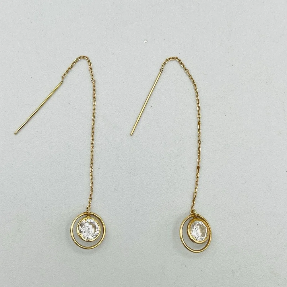 VTG 14K Yellow Gold Threader Earrings Long CZ Crystal Hoop Dangle 3